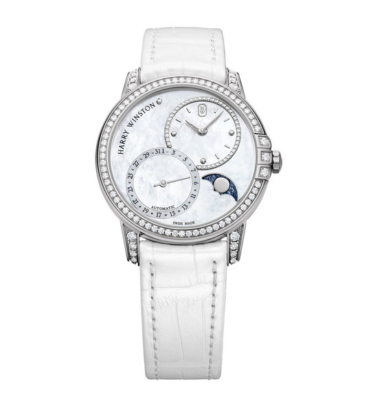 Harry Winston Midnight Date Moon Phase Automatic 36mm 18K White Gold Alligator Strap