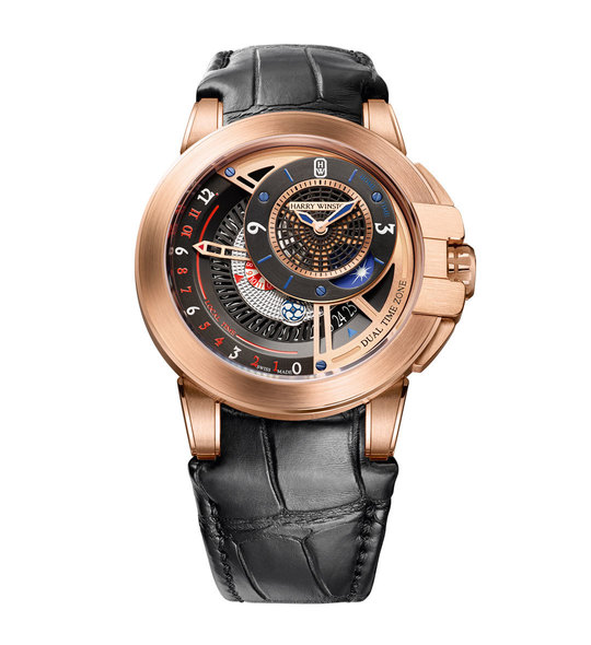 Harry Winston Ocean Dual Time Automatic 18K Rose Gold Alligator Strap