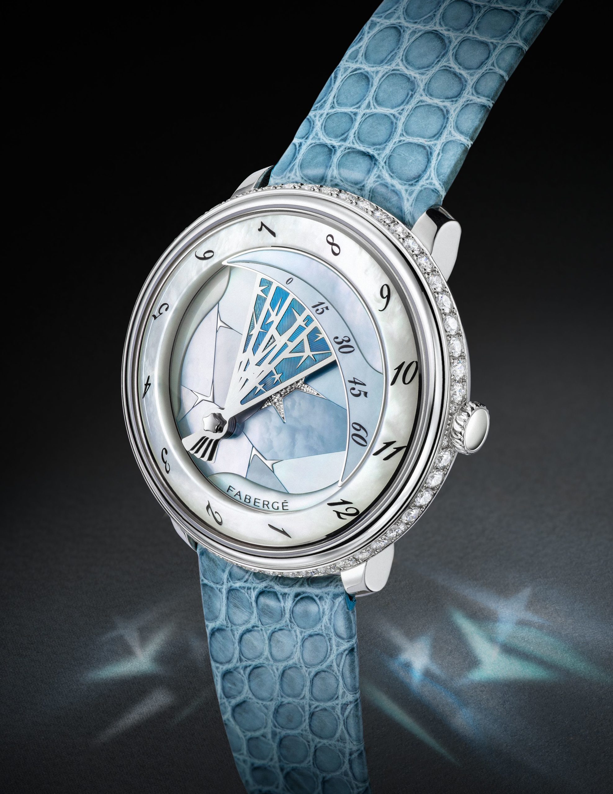 Blue strap with detailed casing and embedded with diamonds 