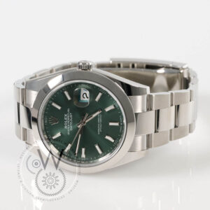 Rolex Datejust 41 Ref. 126300 with green dial, stainless steel case, and smooth bezel
