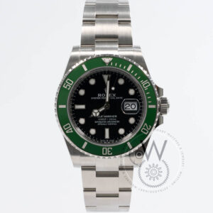 Rolex Submariner Ref. 126610LV “Starbucks” with 41mm stainless steel case, black dial, green ceramic bezel, and Oyster bracelet