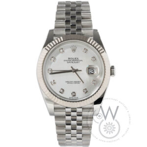 Rolex Datejust Ref. 126334 with white mother-of-pearl diamond dial, fluted bezel, and Jubilee bracelet