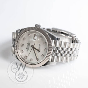 Rolex Datejust Ref. 126334 with white mother-of-pearl diamond dial, fluted bezel, and Jubilee bracelet