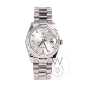 Rolex Day-Date 36 Rose White Gold Diamond Silver Dial President M118239-0086 Front View