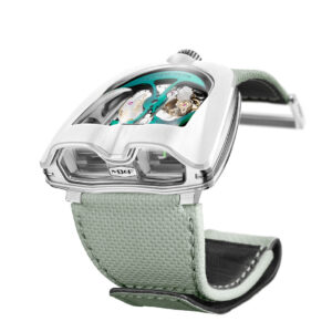 MB&F HM8 MARK 2 WHITE EDITION 82.TL.W Grade 5 titanium and CarbonMacrolon tilt view of watch