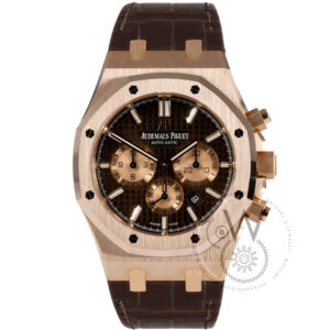 Audemars Piguet Royal Oak Selfwinding Chronograph in pink gold with a chocolate brown dial and alligator strap.