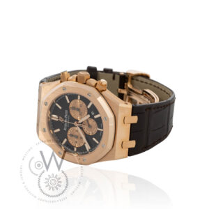 Audemars Piguet Royal Oak Selfwinding Chronograph in pink gold with a chocolate brown dial and alligator strap.