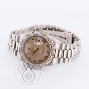 Rolex Day-Date with a Platinum Case, Silver Dial featuring Diamond Markers, 36mm, and Platinum Strap (Model 18366) Side