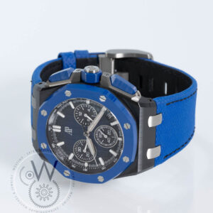 Audemars Piguet Royal Oak Offshore Chronograph SELFWINDING CHRONOGRAPH BLUE 26420CE.OO.A043VE.01 pre-owned watch on its side.