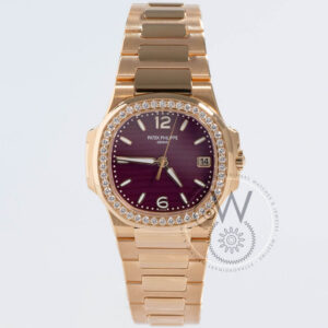 Patek Phillippe, Ref 7010/1R Nautilus 32mm Diamond Bezel Rose Gold Purple Wave Dial, case Red Gold, Dial Purple, Strap Red Gold