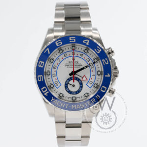 Rolex Yacht-Master II Ref. 116680 with white dial, blue ceramic bezel, and stainless steel case and bracelet