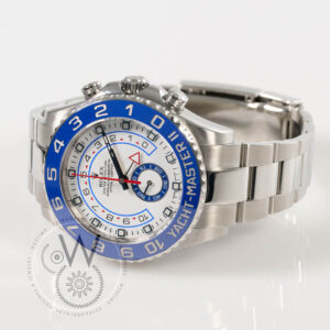 Rolex Yacht-Master II Ref. 116680 with white dial, blue ceramic bezel, and stainless steel case and bracelet