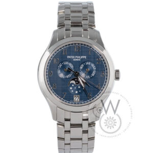 Patek Philippe 4947/1A-001 with a 38mm stainless steel case, blue dial, and steel bracelet.