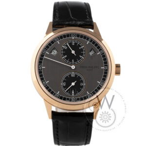 Patek Philippe 5235/50R-001 with a 40.5mm rose gold case, grey dial, and black alligator strap.