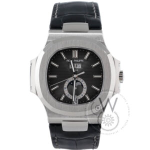 Patek Philippe 5726A-001 with a 40.5mm stainless steel case, grey dial, and black alligator strap.