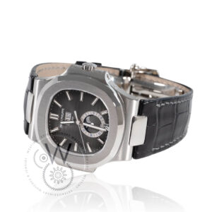 Patek Philippe 5726A-001 with a 40.5mm stainless steel case, grey dial, and black alligator strap.