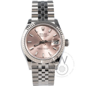 Rolex Datejust 31 278274 featuring a pink dial, white gold fluted bezel, and stainless steel case.