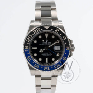 Rolex GMT-Master II 126710BLNR “Batman” with a 40mm stainless steel case, black and blue ceramic bezel, and an Oyster bracelet.