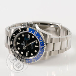Rolex GMT-Master II 126710BLNR “Batman” with a 40mm stainless steel case, black and blue ceramic bezel, and an Oyster bracelet.