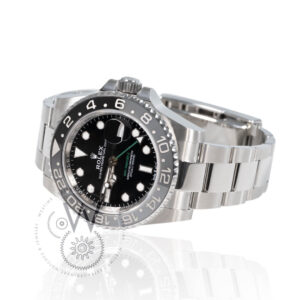 Rolex GMT-Master II 126710GRNR with a 40mm stainless steel case, black and grey ceramic bezel, and black dial on an Oyster bracelet.