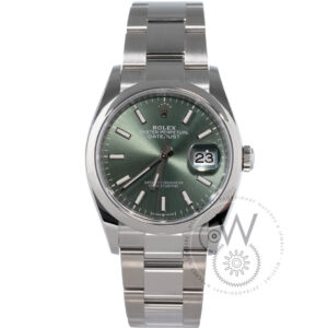 Rolex Datejust 36 126200 with a 36mm stainless steel case, green dial, and an Oyster bracelet.