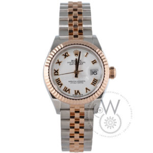 Rolex Lady-Datejust 279171 featuring a 28mm Everose gold and Oystersteel case, white dial, and fluted bezel.