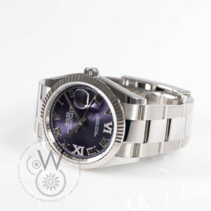 Rolex Datejust Ref. 126234 with purple dial, fluted bezel, and Oystersteel case and bracelet