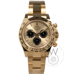 Rolex Daytona 126508, 40mm yellow gold case with champagne dial, black subdials, and yellow gold bezel.