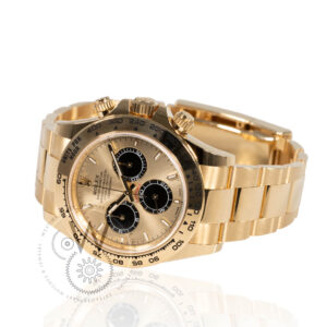 Rolex Daytona 126508, 40mm yellow gold case with champagne dial, black subdials, and yellow gold bezel.