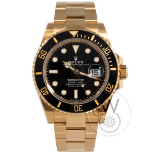 Rolex Submariner 126618LN with a 41mm yellow gold case, black dial, and black ceramic bezel on an Oyster bracelet.