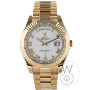 Rolex Day-Date II Ref. 218238 with 41mm yellow gold case, white Roman dial, and President bracelet