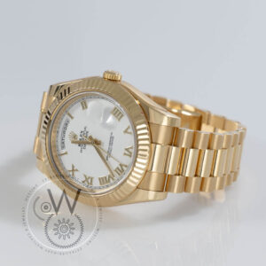 Rolex Day-Date II Ref. 218238 with 41mm yellow gold case, white Roman dial, and President bracelet