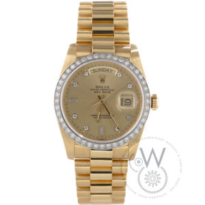 Rolex Day-Date 18048 yellow gold 36mm watch with yellow gold diamond dial and President bracelet
