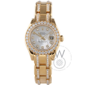 Rolex Datejust Pearlmaster 29 M80298 in yellow gold with diamond bezel and mother of pearl dial