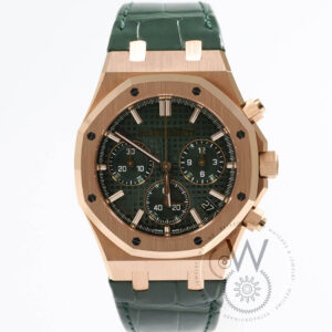 Audemars Piguet Royal Oak Chronograph Ref. 26240OR.OO.D404CR.02 with green dial, rose gold case, and green alligator strap