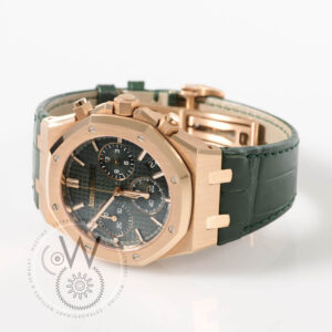 Audemars Piguet Royal Oak Chronograph Ref. 26240OR.OO.D404CR.02 with green dial, rose gold case, and green alligator strap