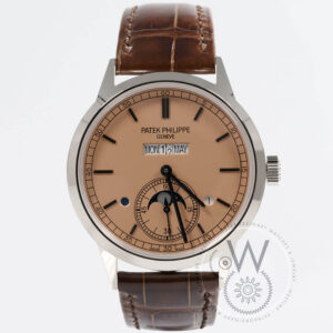 Patek Philippe 5236P-010 with salmon dial, platinum case, and brown alligator strap