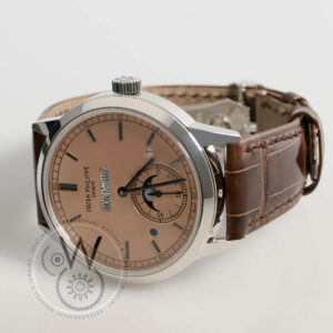 Patek Philippe 5236P-010 with salmon dial, platinum case, and brown alligator strap