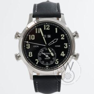 Patek Philippe 5520P-001 with black dial, platinum case, and black strap