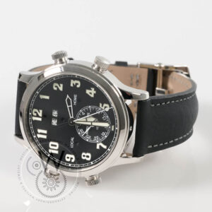 Patek Philippe 5520P-001 with black dial, platinum case, and black strap