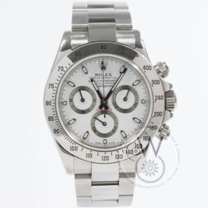 Rolex Daytona Ref. 116520 with white dial, stainless steel case, and bezel