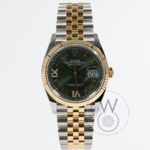 Rolex Datejust 36 Ref. 126233 with olive green dial, diamonds at 6 and 9, yellow gold fluted bezel, and Jubilee bracelet