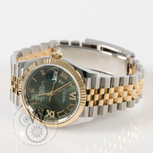 Rolex Datejust 36 Ref. 126233 with olive green dial, diamonds at 6 and 9, yellow gold fluted bezel, and Jubilee bracelet