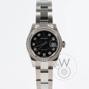 Rolex Datejust 26 Ref. 179384 with black dial, diamond bezel, and stainless steel case